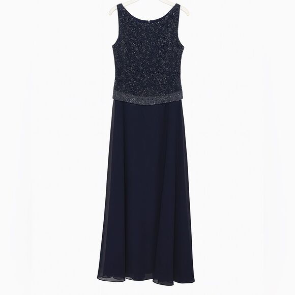 Elegant Navy Beaded Bodice Chiffon Skirt Evening Gown Formal Dress Size 8 Jkara - Picture 2 of 8